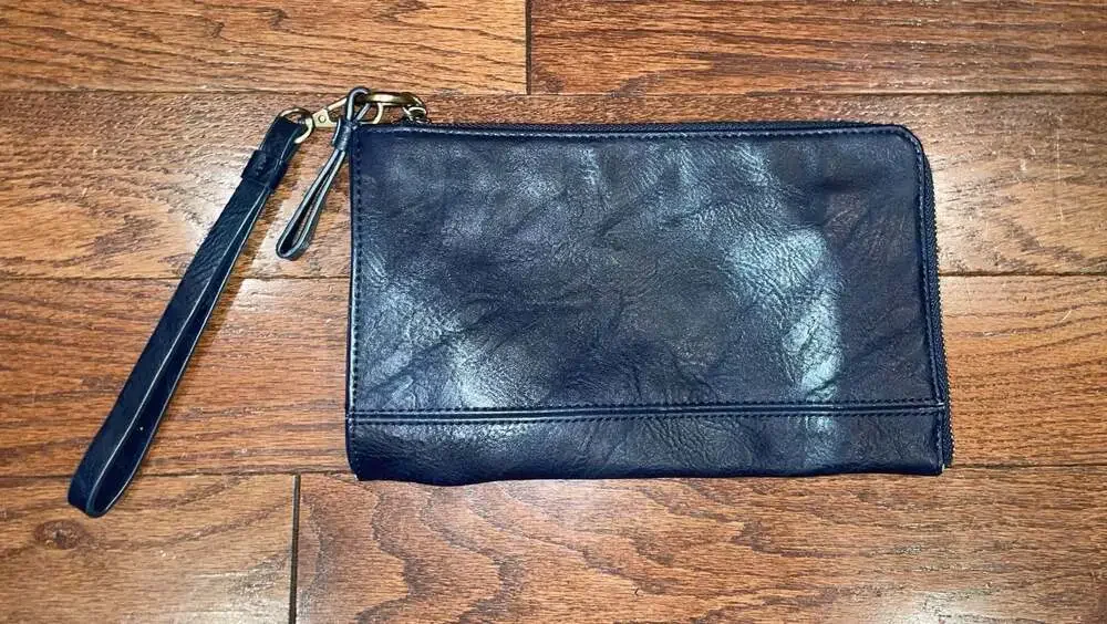 Joy Susan Navy Vegan Leather Wristlet Clutch Minimalist Everyday Bag